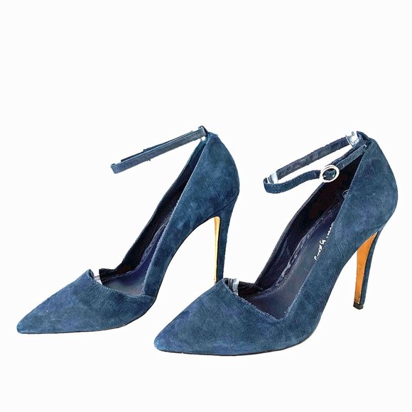 ALICE + OLIVIA Makayla Navy Blue Kid Suede Ankle Strap Stilettos - Picture 10 of 11